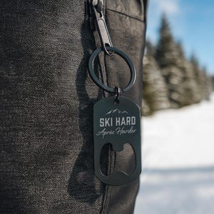 Black Bottle Opener Keyring &#39;Ski Hard, Apres Harder&#39; | Key Accessory | Gift For Dad | Fathers Day | Skiing