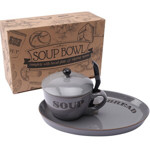 May include: A grey ceramic soup bowl with a lid and a matching bread plate. The bowl has the word "Soup" printed on it and the plate has the word "Bread" printed on it. The set comes in a brown cardboard box with a design of bread and other food items.