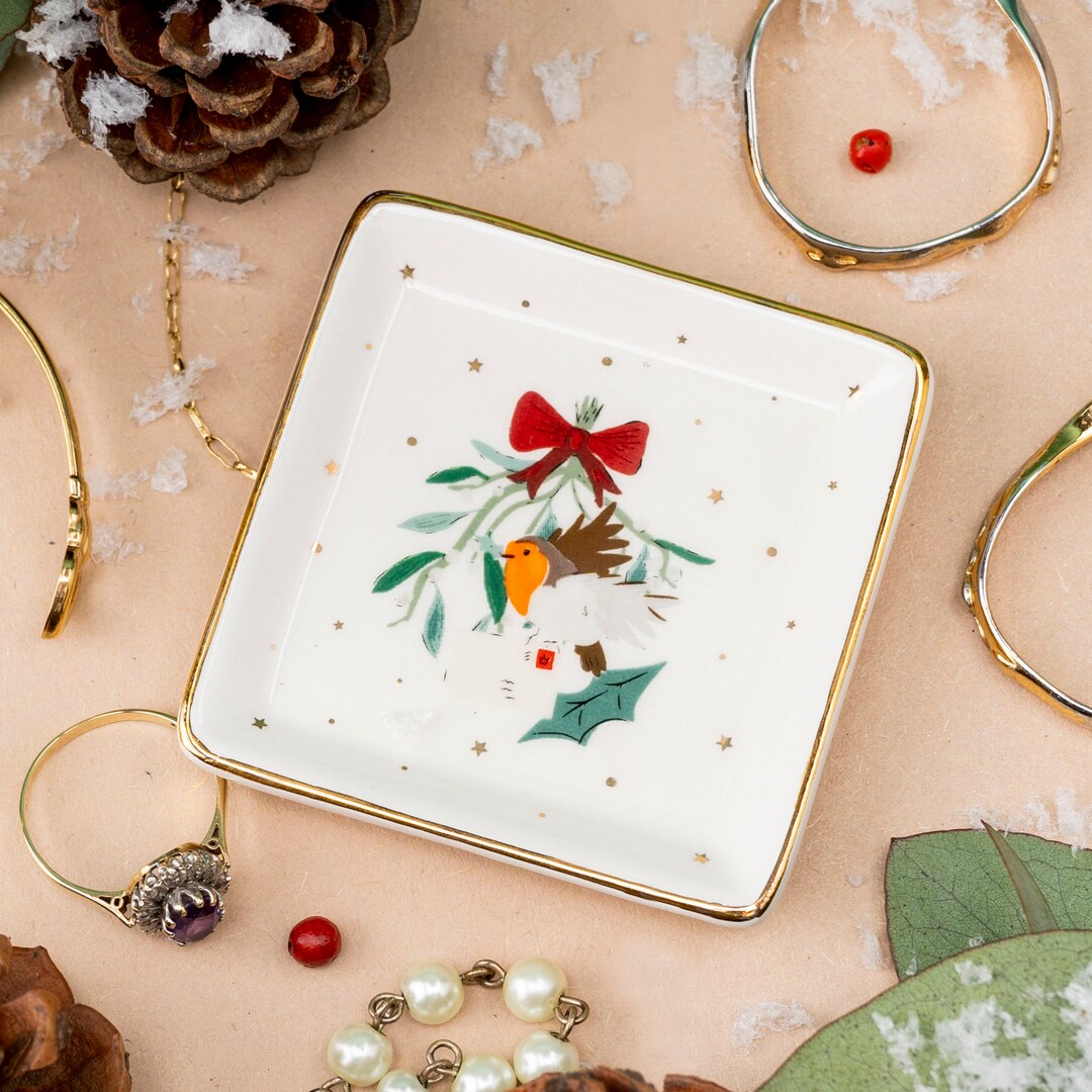 Robin Gift Set Robin and Gold Star Square Jewellery Dish Gift Box Trinkets Earrings ...