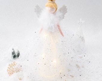 Large Silver Blonde Light Up Angel Christmas Tree Topper • Includes Batteries • Size: 28.5cm • Gift For Home