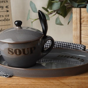 Grey Ceramic Soup Bowl with Bread Plate and Spoon in Gift Box | Country Kitchen Chic | Rustic | Breakfast Lunch Dinner