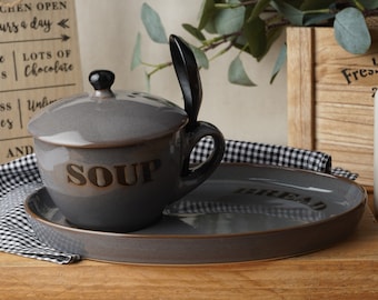 Grey Stoneware Soup Bowl Set | Bread Plate, Spoon & Gift Box