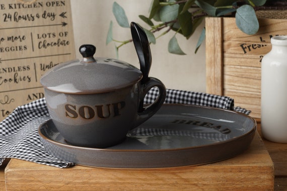 Grey Stoneware Soup Bowl Set | Bread Plate, Spoon & Gift Box
