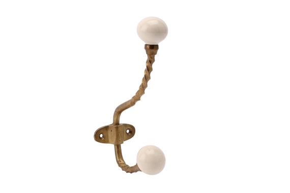 Large Traditional Twisted Brass Double Hook With Cream Ceramic Balls | Coat  Rack | Jacket Hanger