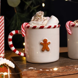 Christmas Gingerbread Man Stoneware Festive Mug With Candy Cane Handle | Includes Gift Box | Christmas Holiday Tableware