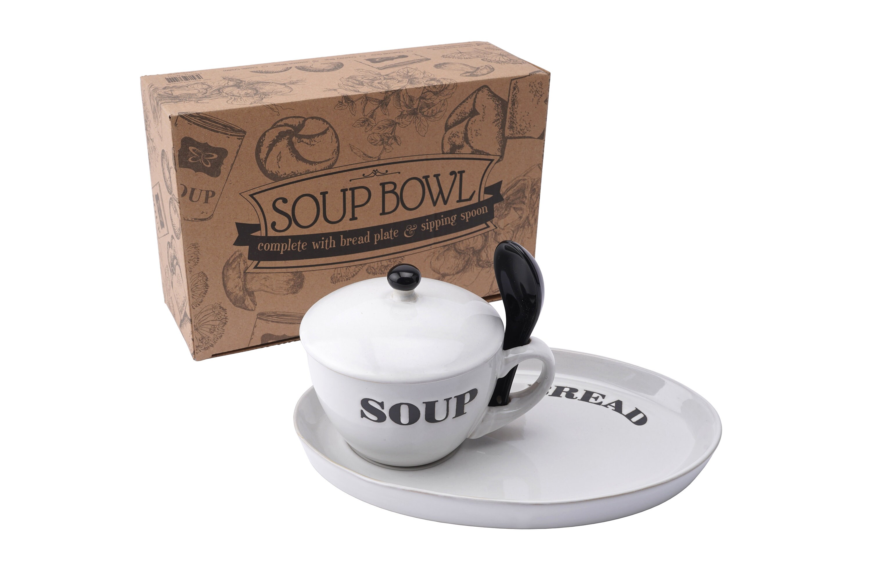 White Ceramic Soup Bowl With Bread Plate and Spoon in Gift Box Etsy UK