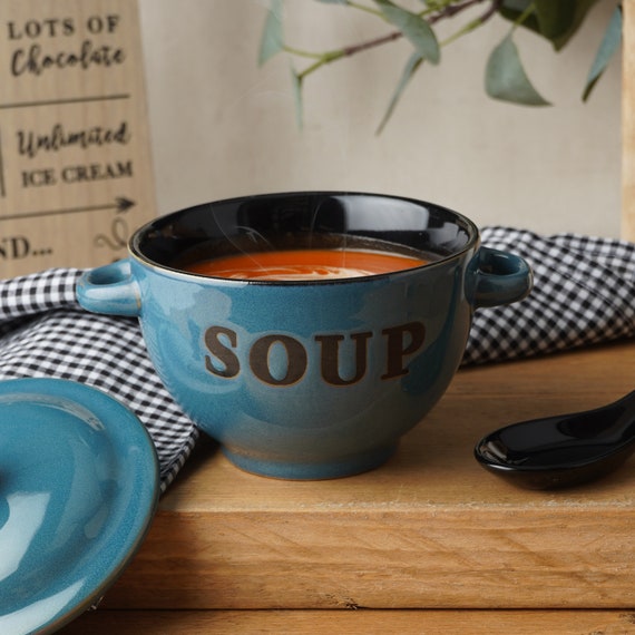 Blaue Keramik Suppenschüssel Mit Deckel und Löffel in Geschenkbox 400ml | Landhausküche Chic | Rustikal | Frühstück Mittagessen Abendessen