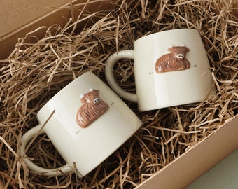 Juego de tazas con forma de vaca de las Tierras Altas • Vajilla rústica, decoración de estilo granja