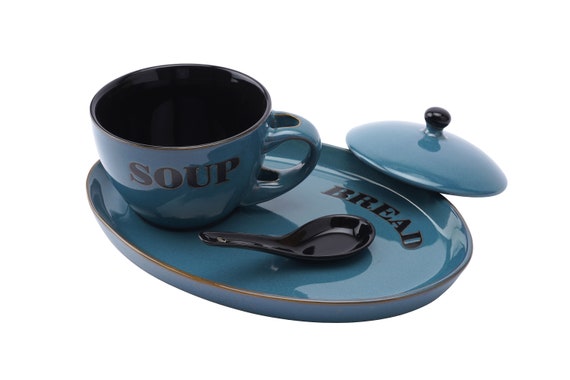 Ciotola In Ceramica Soup Bowl Con Coperchio E Cucchiaio, Colore Crema, Confezione Regalo - Country Farmhouse Chic, CGB Giftware GA635CREAM, Microonde E Lavastoviglie - 2