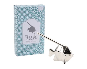 Fish Metal Silver Finish Ring and Jewellery Holder and Organiser Stand in Gift Box | Bedside and Bathroom or Kitchen Sink Storage