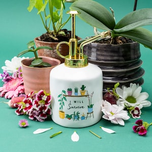 White Ceramic Plant Mister With a Gold Coloured Plastic Pump • &#39;I Will Survive&#39; • Holds 300ml • House Plants • Gift For Home