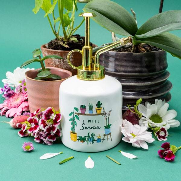 White Ceramic Plant Mister With a Gold Coloured Plastic Pump • 'I Will Survive' • Holds 300ml • House Plants • Gift For Home