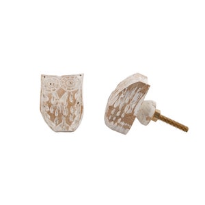 Carved White Wood Owl Drawer Pulls | Set of 2