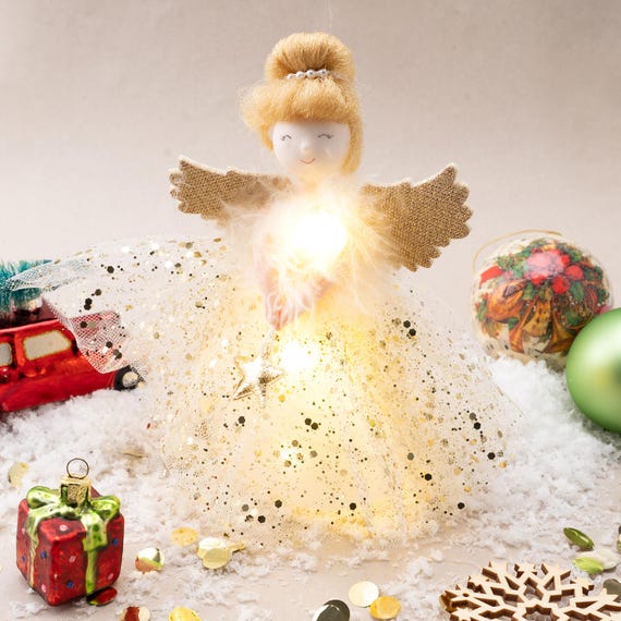 Lot De 4 Décorations De Noël – 1 Ange Pailleté Et 3 Sapins – Doré Et Argent – 26 Cm