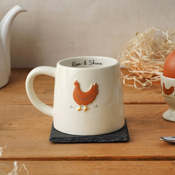 Tasse en grès de poulet de Bramble Farm | Coffret cadeau | Tasse à café et à thé artisanale | Conception de ferme rustique | Cadeau idéal