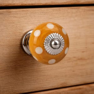 Set of 2 | Yellow With White Spot Ceramic Drawer Pulls | Cabinet Pull | Drawer Knob
