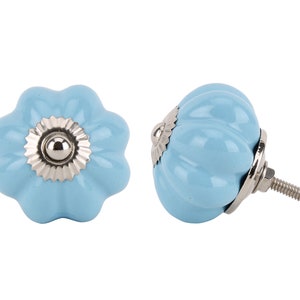 May include: Two light blue ceramic cabinet knobs with a silver metal base and screw. The knobs have a slightly rounded, flower-like shape.