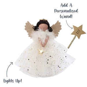 Gold Dark Haired Light Up Tree Topper Angel Decoration | Battery Powered | Size: 18cm | Christmas | Gift For Home