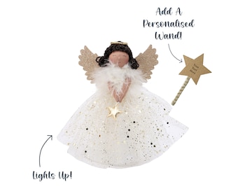 Gold Dark Haired Light Up Tree Topper Angel Decoration | Battery Powered | Size: 18cm | Christmas | Gift For Home