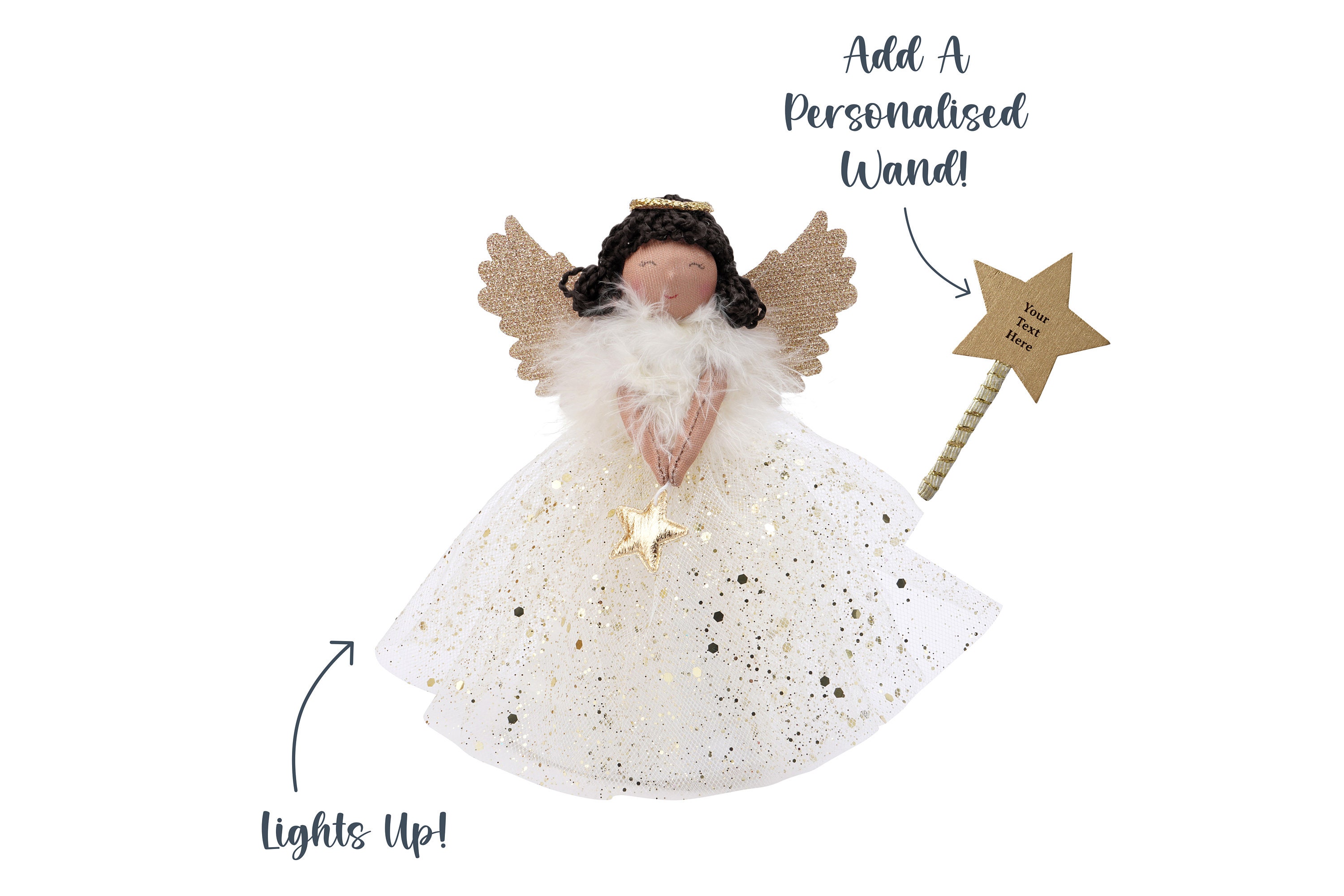Gold Dark Haired Light Up Tree Topper Angel Decoration | Battery Powered | Size: 18cm | Christmas | Gift For Home