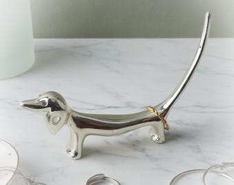 Soporte para anillos de perro salchicha / Soporte para joyas de perro con acabado plateado