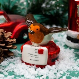 Ceramic Robin and Traditional Letterbox Charm with Gift Box • Brown Orange Red • Lucky Ornament Collectable Decoration • Gift For Christmas
