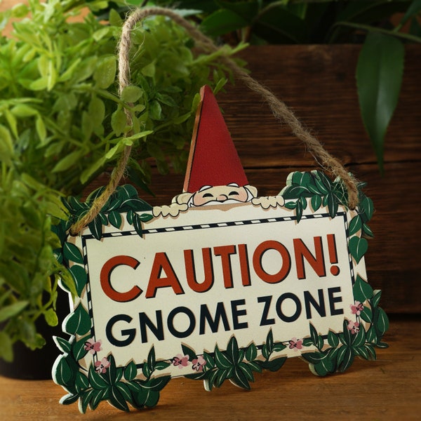 Gnome Zone Garden Hanging Sign | ‘Caution Gnome Zone’ | Wall Door | White Green | Gift For Your Garden