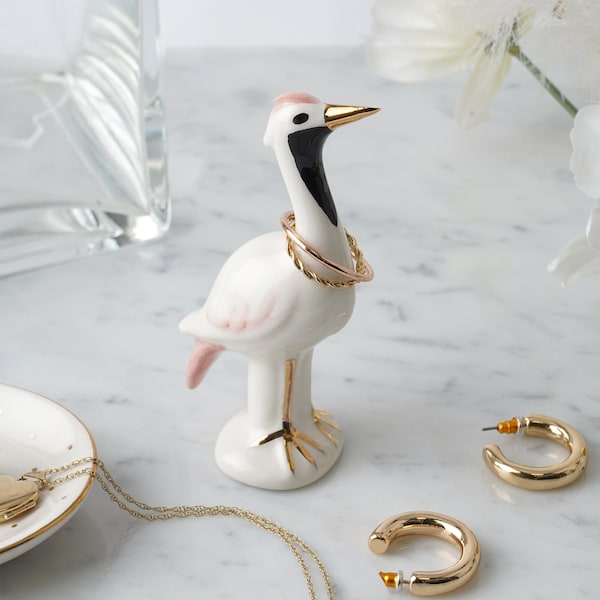 Ceramic Crane Animal Hand Painted Ring Holder in Gift Box