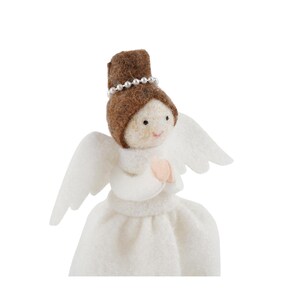 May include: A handcrafted angel figurine with a white dress and wings. The angel has a brown cap with a pearl-like band and a smiling face. The figurine is made of felt and is a decorative item.