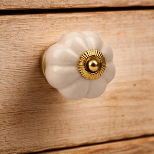 Könnte beinhalten: Ein kürbisförmiger Keramik-Möbelknopf in glänzendem Off-White. In der Mitte des Knopfes befindet sich eine kreisförmige, goldfarbene Zierplatte aus Metall mit einer kleinen, erhabenen goldfarbenen Kuppel in der Mitte.