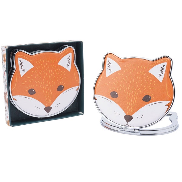 Orange Fox Shaped Glass Compact Mirror 1X/2X Magnification With Gift Box | Travel Friendly Handbag Makeup Touch up Mirror