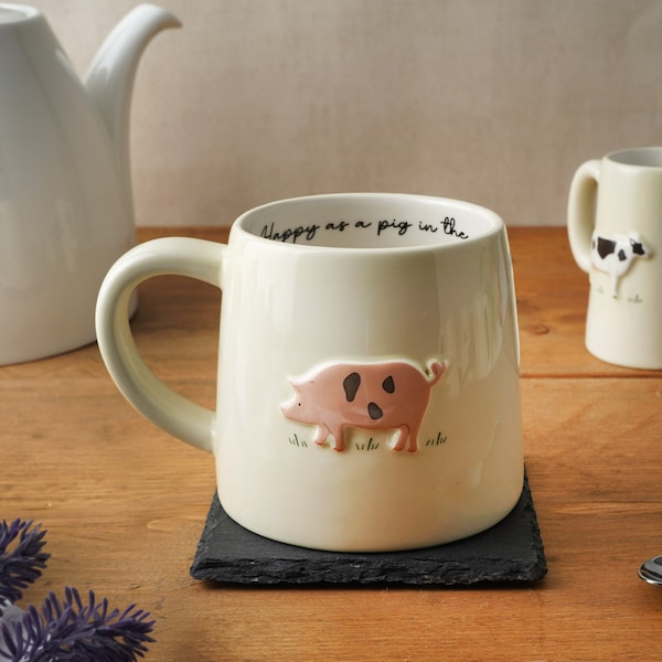 Tasse en grès de porc de Bramble Farm | Coffret cadeau | Tasse à café et à thé artisanale | Conception de ferme rustique | Cadeau idéal