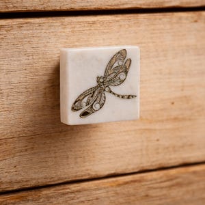 May include: A square, off-white cabinet knob featuring a detailed, dark-toned dragonfly illustration on its front surface. The dragonfly design displays intricate, filigree-like wing patterns and a slender body, centered on the smooth, light-colored square face.