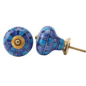 May include: Two ceramic cabinet knobs with a blue and white checkered pattern. One knob is round with a gold center and the other is a rounded rectangle with a gold screw.