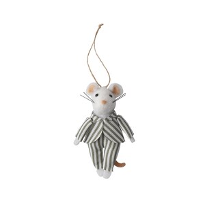 May include: A white felt mouse wearing a green and white striped suit with a brown tail. The mouse is hanging from a string.