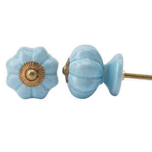 Może przedstawiać: Dwa jasnoniebieskie ceramiczne gałki do szafek z złotym akcentem. Jedna gałka ma śrubę do mocowania do drzwi szafki.