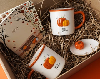 Pumpkin Gift Box Set • 2 x Hello Pumpkin Mugs, A6 Notebooks & Pumpkin Ring Holder • Fall Gift, Autumn, Home Decor, Halloween Surprise, Cosy