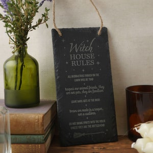 Enchanted Emporium 'Witch House Rules' Long Hanging Slate Sign