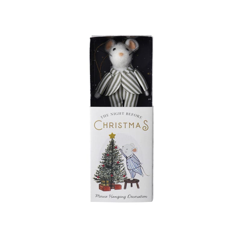 May include: A white mouse wearing a striped pajama outfit hangs from a string. The mouse is packaged in a box with the text "The Night Before Christmas" and an illustration of a mouse decorating a Christmas tree.
