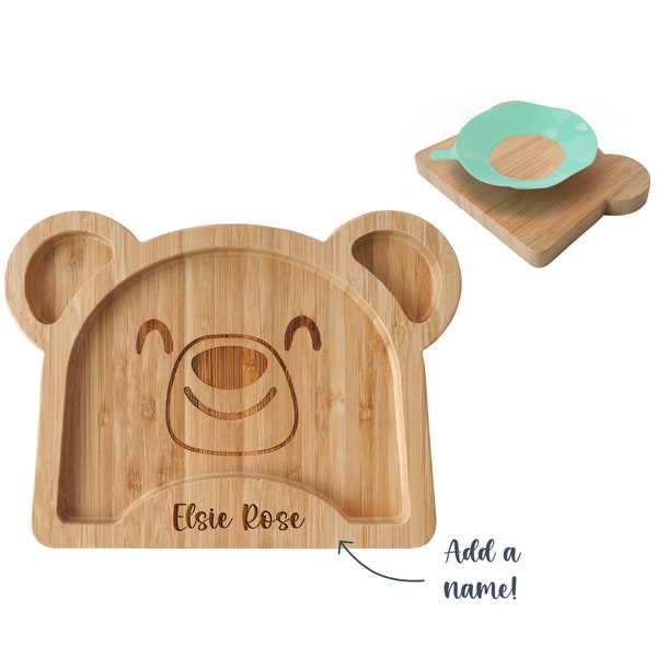 Ventouse personnalisée en bambou pour bébé ours avec cuillère assortie | Ensemble repas respectueux de l'environnement et antidérapant dans une boîte cadeau - Cadeau parfait pour une baby shower