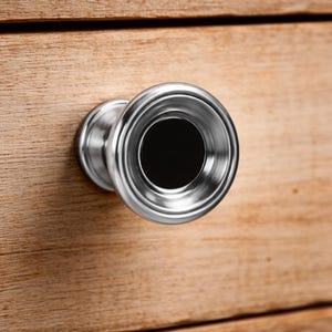 May include: Close-up of a silver metal cabinet knob with a black centre, mounted on a light brown wooden surface. The knob has a circular design with concentric rings.