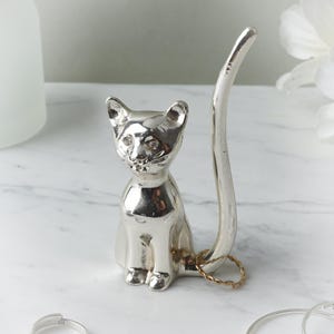Stojak na pierścionki i biżuterię Cat Metal Silver Finish oraz organizer i kryształowe oczy | Przechowywanie przy łóżku i w łazience lub w zlewie kuchennym