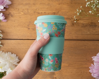 The Flower Market Teal Floral Bamboo Travel Mug With Silicone Grip along with Slicone Lid in Gift Box