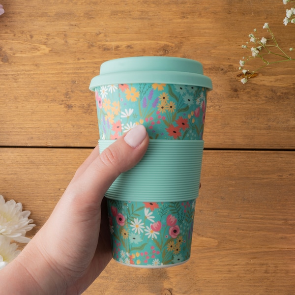 De Flower Market Teal Floral Bamboo reismok met siliconen grip en siliconen deksel in geschenkverpakking