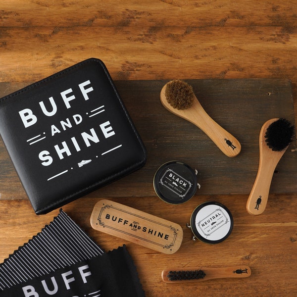 The Dapper Chap 'Buff & Shine' Shoe Cleaning Kit | Includes: 3 Assorted Brushes | Black and Neutral Shoe Polish