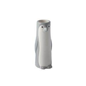 May include: A grey and white ceramic penguin vase. The penguin has a black beak and eyes.