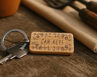The Potting Shed 'Car Keys' Oak Rectangle Keyring | Accessory | Handbag | Keychain