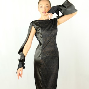 Short Black Dress with Removable Sleeves, Open Back Black Dress, Black Lace Dress, Black Satin Dress, Black Short Dress, Short Dress