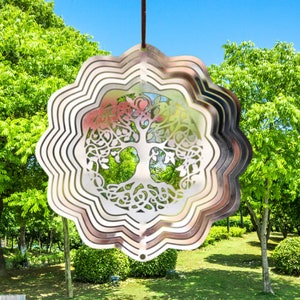 Baum des Lebens 3D Drehender Windspinner, Metall Windspiel, Garten Fenster Hängedekoration, Boho Home Decor, Fließendes Licht Effekt