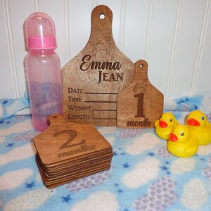 Custom Name Wood Ear Tag Birth Announcement w/ Wood Ear Tag Monthly Milestone Markers Bundle